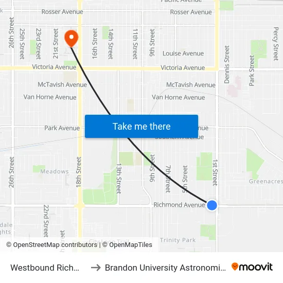 Westbound Richmond at 1st to Brandon University Astronomical Observatory map