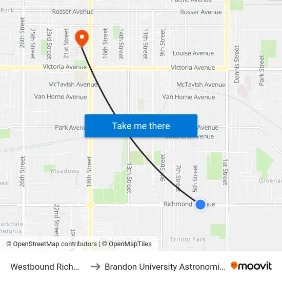 Westbound Richmond at 4th to Brandon University Astronomical Observatory map