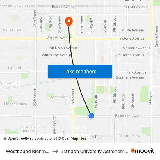 Westbound Richmond at 13th to Brandon University Astronomical Observatory map