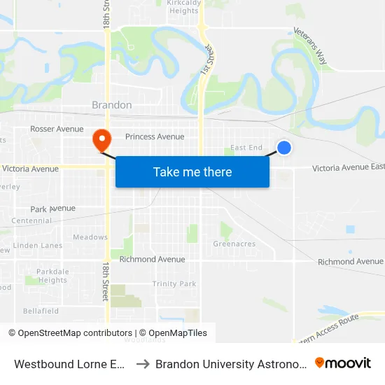 Westbound Lorne East at Cascade to Brandon University Astronomical Observatory map