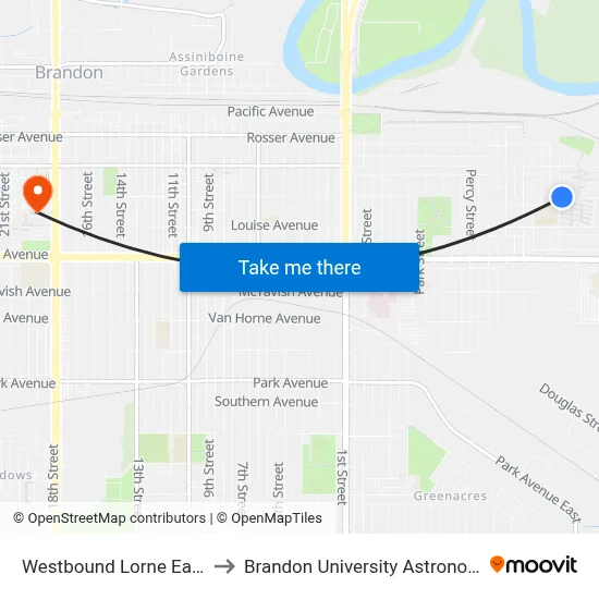 Westbound Lorne East at 13th East to Brandon University Astronomical Observatory map