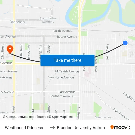 Westbound Princess East at 12th East to Brandon University Astronomical Observatory map