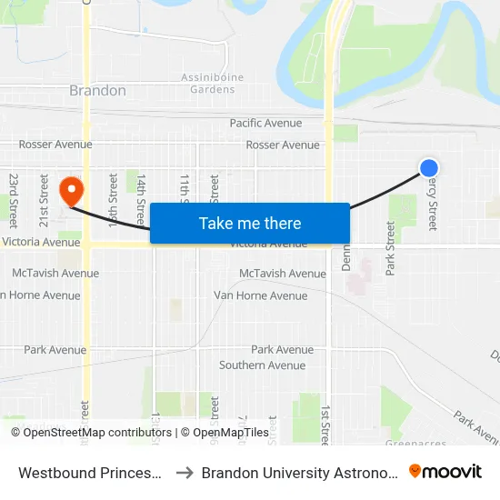 Westbound Princess East at Percy to Brandon University Astronomical Observatory map