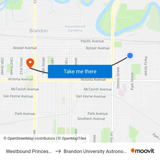 Westbound Princess East at Park to Brandon University Astronomical Observatory map