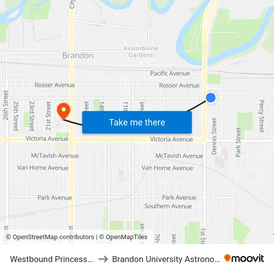 Westbound Princess East at Dennis to Brandon University Astronomical Observatory map