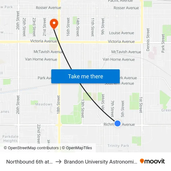Northbound 6th at Richmond to Brandon University Astronomical Observatory map