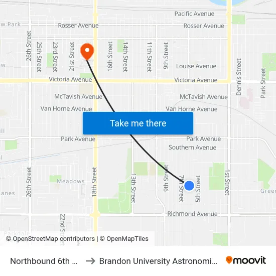 Northbound 6th at Queens to Brandon University Astronomical Observatory map