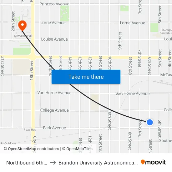 Northbound 6th at Park to Brandon University Astronomical Observatory map