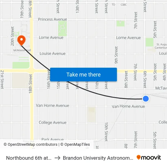 Northbound 6th at Van Horne to Brandon University Astronomical Observatory map