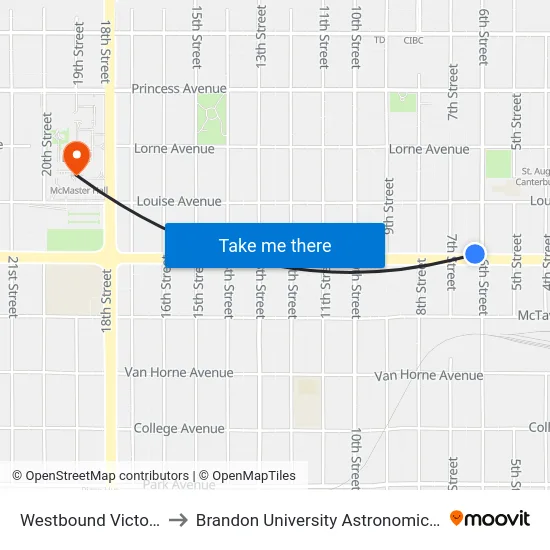 Westbound Victoria at 6th to Brandon University Astronomical Observatory map