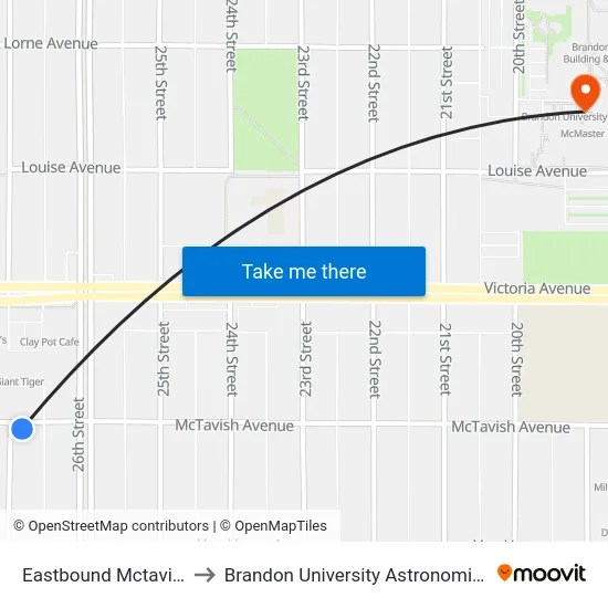 Eastbound Mctavish at 26th to Brandon University Astronomical Observatory map