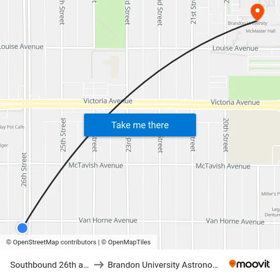 Southbound 26th at Van Horne to Brandon University Astronomical Observatory map
