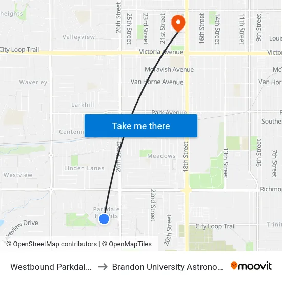Westbound Parkdale at Neepawa to Brandon University Astronomical Observatory map