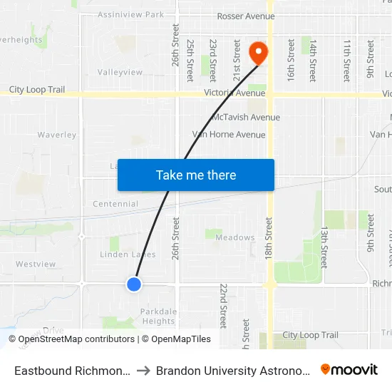 Eastbound Richmond at Parkdale to Brandon University Astronomical Observatory map