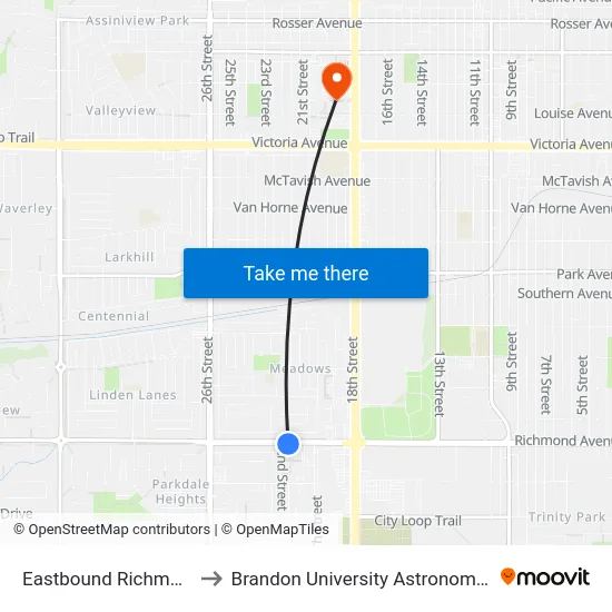 Eastbound Richmond at 22nd to Brandon University Astronomical Observatory map