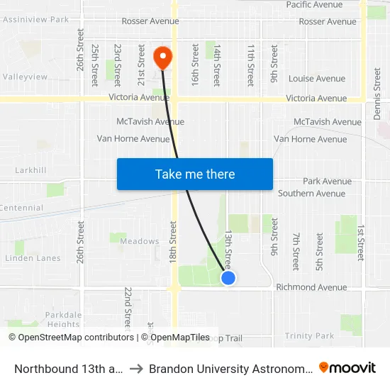 Northbound 13th at Richmond to Brandon University Astronomical Observatory map