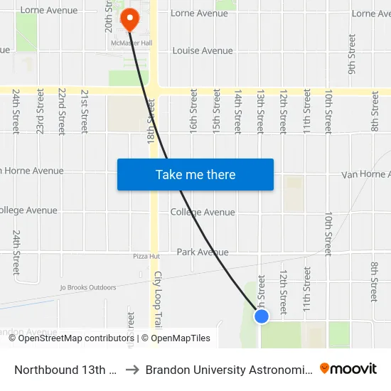 Northbound 13th at Brandon to Brandon University Astronomical Observatory map