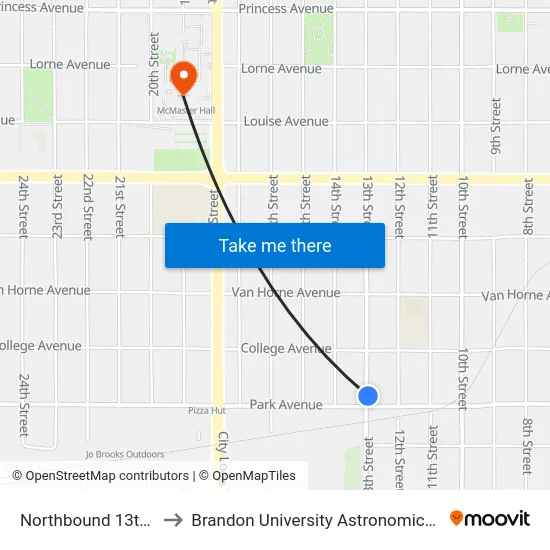 Northbound 13th at Park to Brandon University Astronomical Observatory map