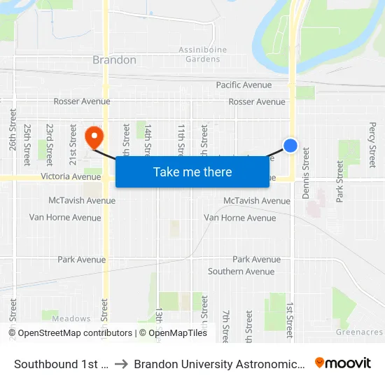 Southbound 1st at Lorne to Brandon University Astronomical Observatory map