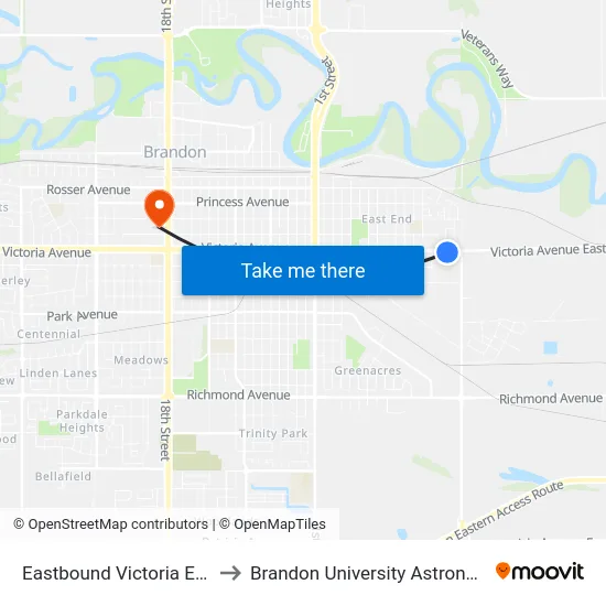 Eastbound Victoria East at Laurence to Brandon University Astronomical Observatory map