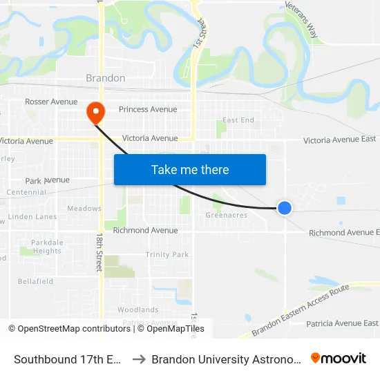 Southbound 17th East at Douglas to Brandon University Astronomical Observatory map