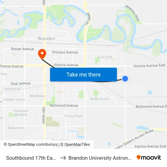 Southbound 17th East at Van Horne to Brandon University Astronomical Observatory map