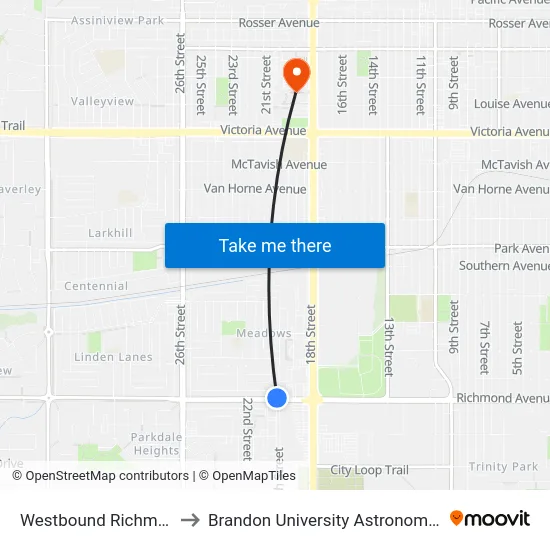Westbound Richmond at 20th to Brandon University Astronomical Observatory map