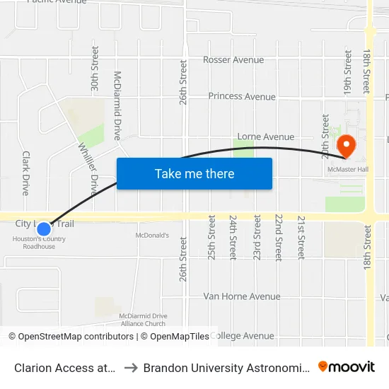 Clarion Access at Houston's to Brandon University Astronomical Observatory map