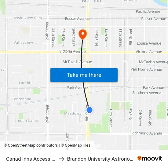 Canad Inns Access at Roadhouse to Brandon University Astronomical Observatory map