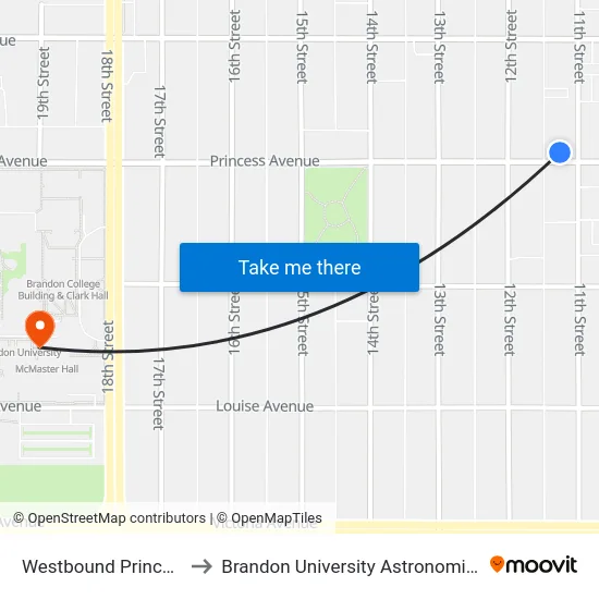 Westbound Princess at 11th to Brandon University Astronomical Observatory map