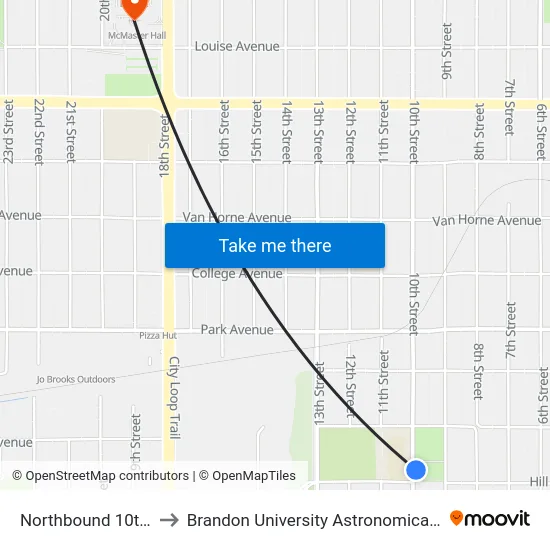 Northbound 10th at Hill to Brandon University Astronomical Observatory map