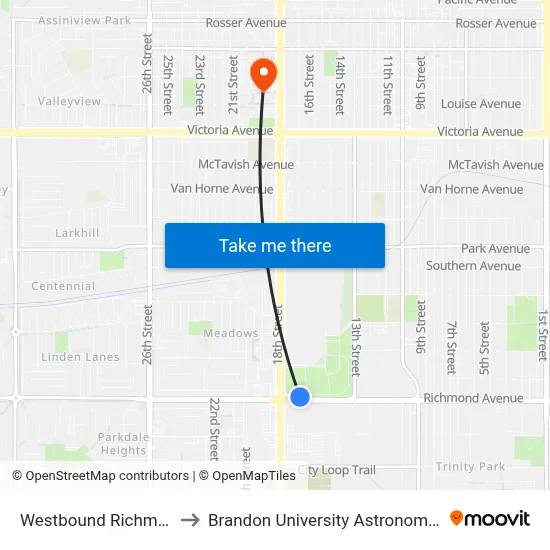 Westbound Richmond at 18th to Brandon University Astronomical Observatory map