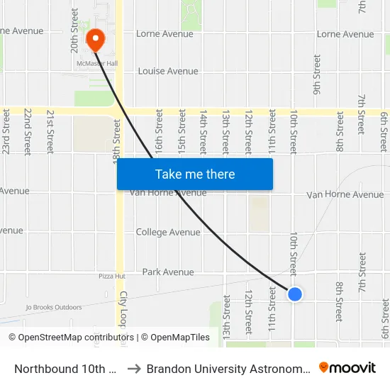 Northbound 10th at Southern to Brandon University Astronomical Observatory map