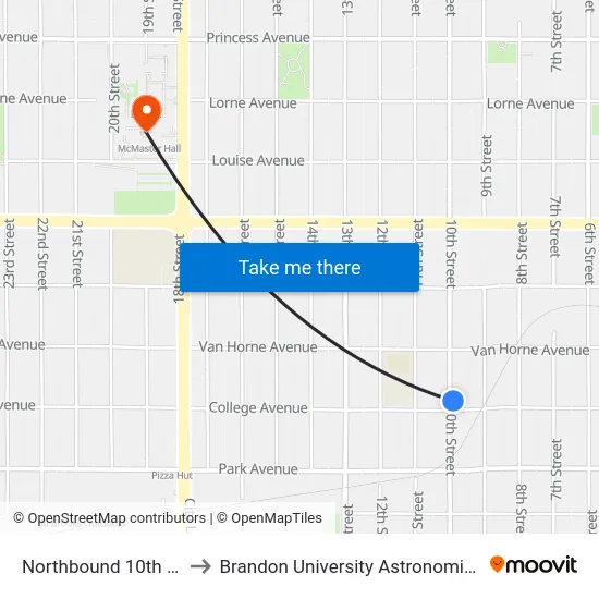 Northbound 10th at College to Brandon University Astronomical Observatory map
