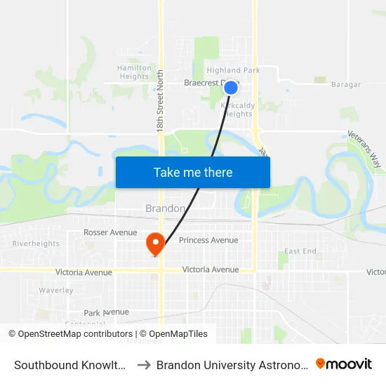 Southbound Knowlton at Braecrest to Brandon University Astronomical Observatory map