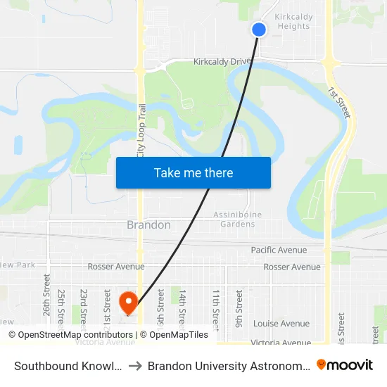 Southbound Knowlton at Ross to Brandon University Astronomical Observatory map