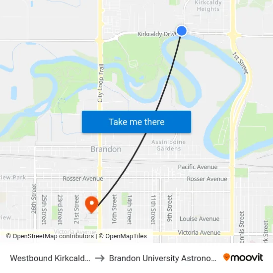 Westbound Kirkcaldy at Knowlton to Brandon University Astronomical Observatory map