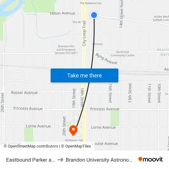 Eastbound Parker at 17th North to Brandon University Astronomical Observatory map