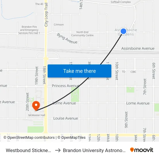 Westbound Stickney at 9th North to Brandon University Astronomical Observatory map