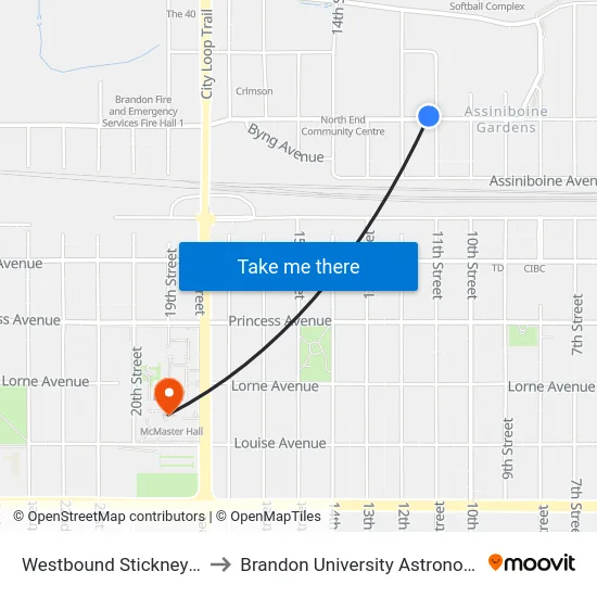 Westbound Stickney at 11th North to Brandon University Astronomical Observatory map