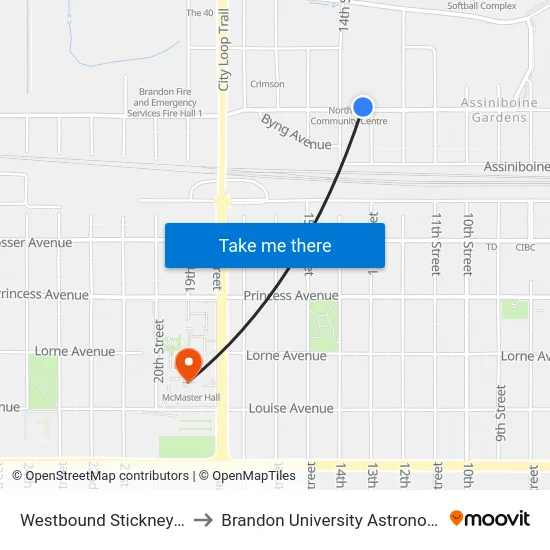 Westbound Stickney at 13th North to Brandon University Astronomical Observatory map