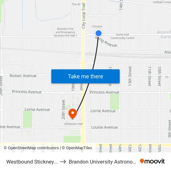 Westbound Stickney at 16th North to Brandon University Astronomical Observatory map