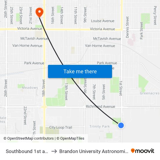 Southbound 1st at Aberdeen to Brandon University Astronomical Observatory map