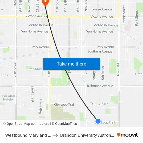 Westbound Maryland at Macleod East to Brandon University Astronomical Observatory map