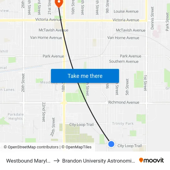 Westbound Maryland at 9th to Brandon University Astronomical Observatory map