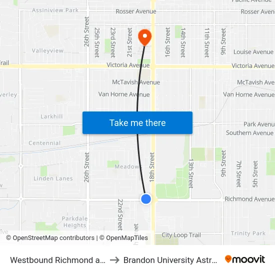Westbound Richmond at Richmond Terminal to Brandon University Astronomical Observatory map