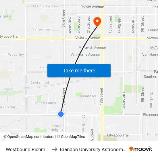 Westbound Richmond at 26th to Brandon University Astronomical Observatory map