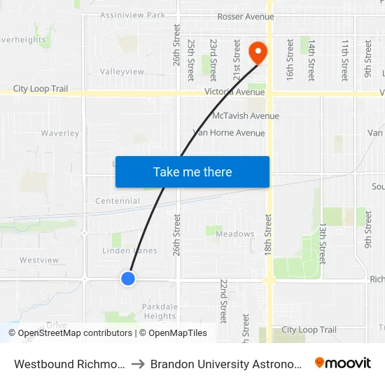 Westbound Richmond at Linden to Brandon University Astronomical Observatory map