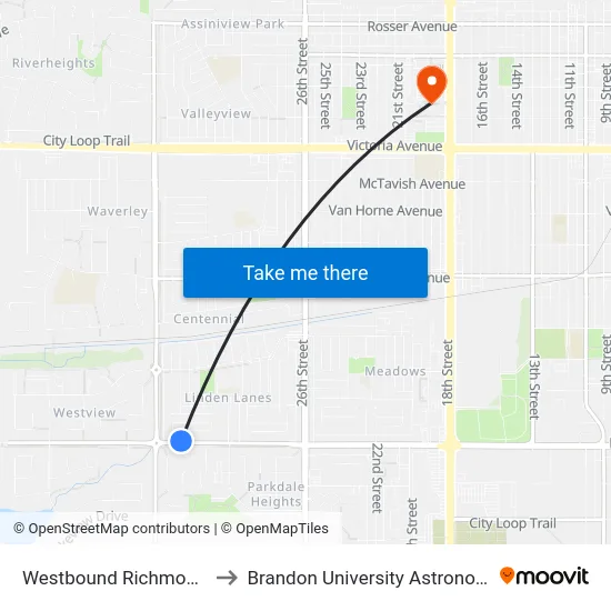 Westbound Richmond at 34th East to Brandon University Astronomical Observatory map