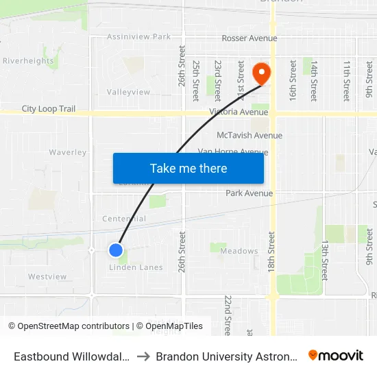 Eastbound Willowdale at Silver Birch to Brandon University Astronomical Observatory map